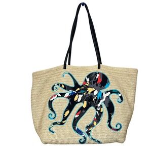 Vera Bradley Seashore Tote Splash Floral Octopus Woven Straw‎ Raffia